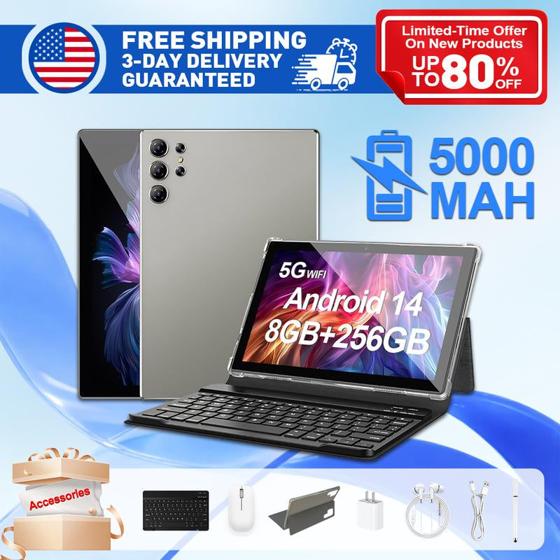 10.1 Inch Android 14 Tablet with Case, 256GB ROM, 5000Mah Battery, 1280X800 IPS FHD Touchscreen, 5MP+16MP Camera, Bluetooth,Wifi,Metal Body