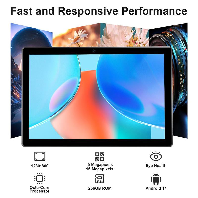 10.1 Inch Android 14 Tablet with Case, 256GB ROM, 5000Mah Battery, 1280X800 IPS FHD Touchscreen, 5MP+16MP Camera, Bluetooth,Wifi,Metal Body