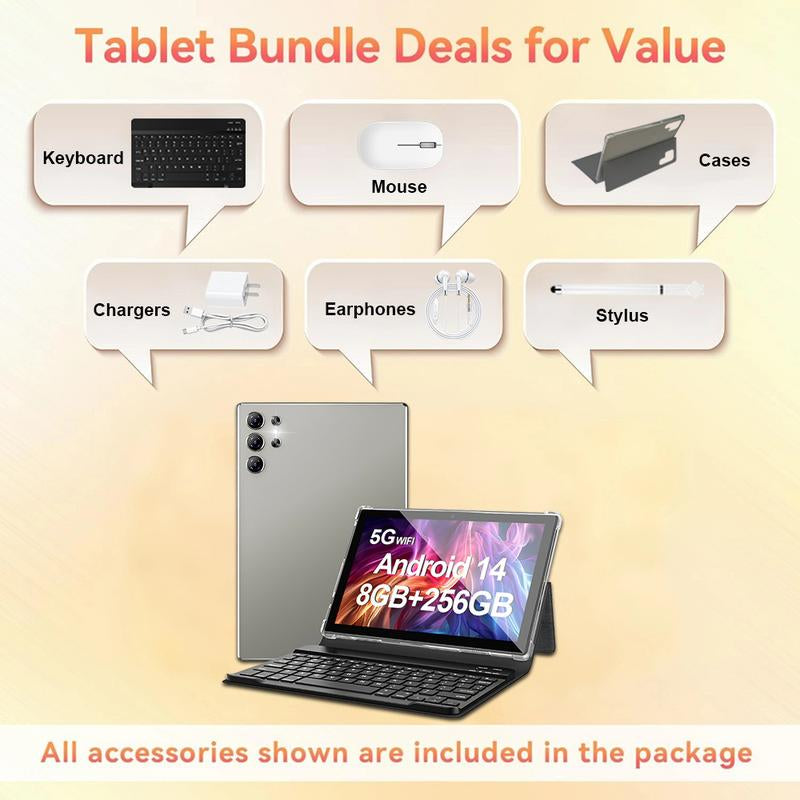 10.1 Inch Android 14 Tablet with Case, 256GB ROM, 5000Mah Battery, 1280X800 IPS FHD Touchscreen, 5MP+16MP Camera, Bluetooth,Wifi,Metal Body