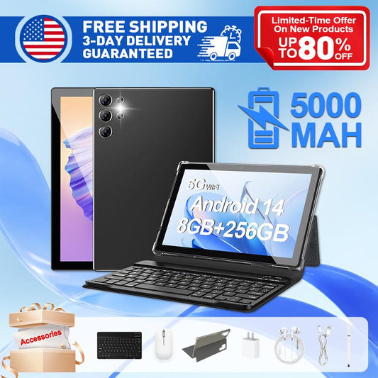 10.1 Inch Android 14 Tablet with Case, 256GB ROM, 5000Mah Battery, 1280X800 IPS FHD Touchscreen, 5MP+16MP Camera, Bluetooth,Wifi,Metal Body